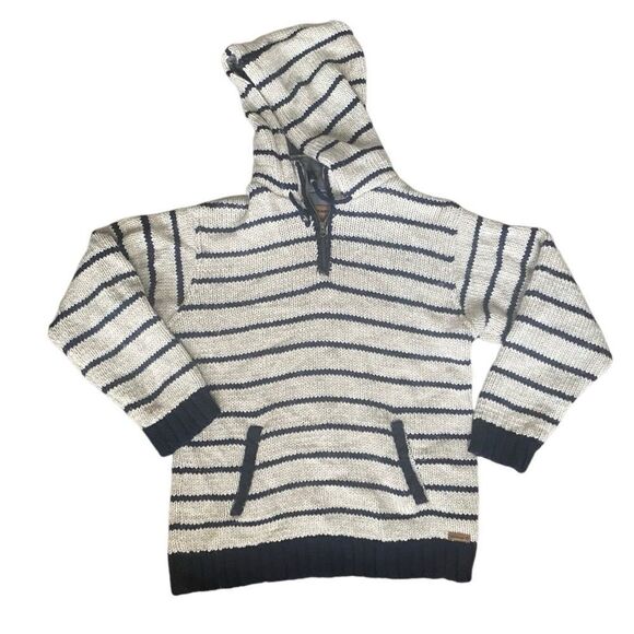 Laundromat Navy and Beige Striped Wool Chunky Knit Pullover Hoodie. Size Large - Picture 1 of 11